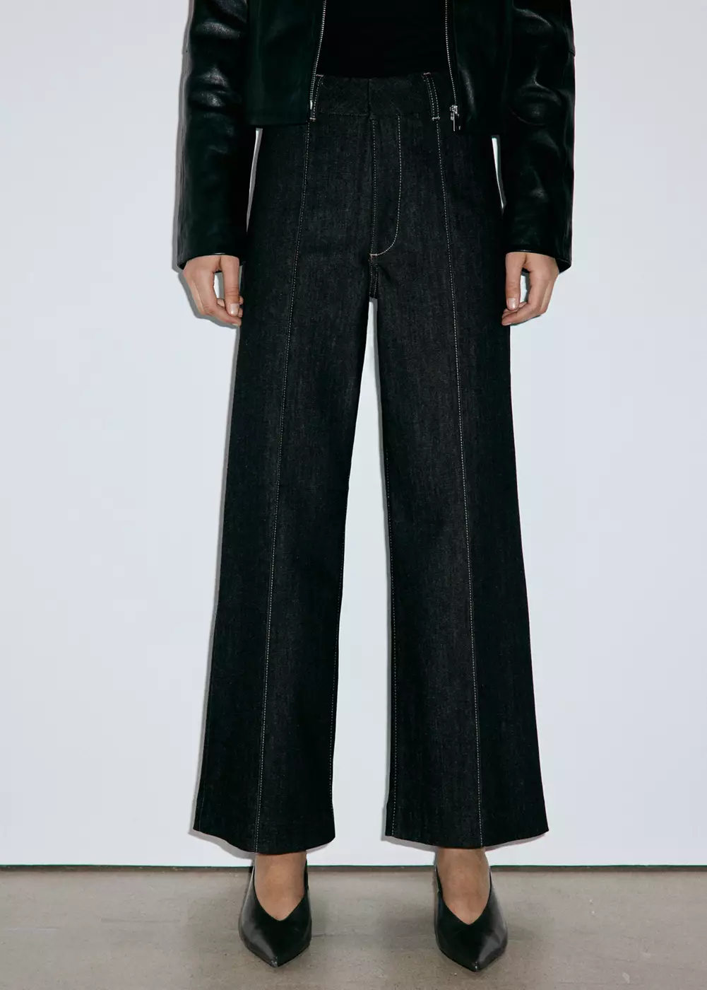 Jean large taille haute à coutures, MANGO