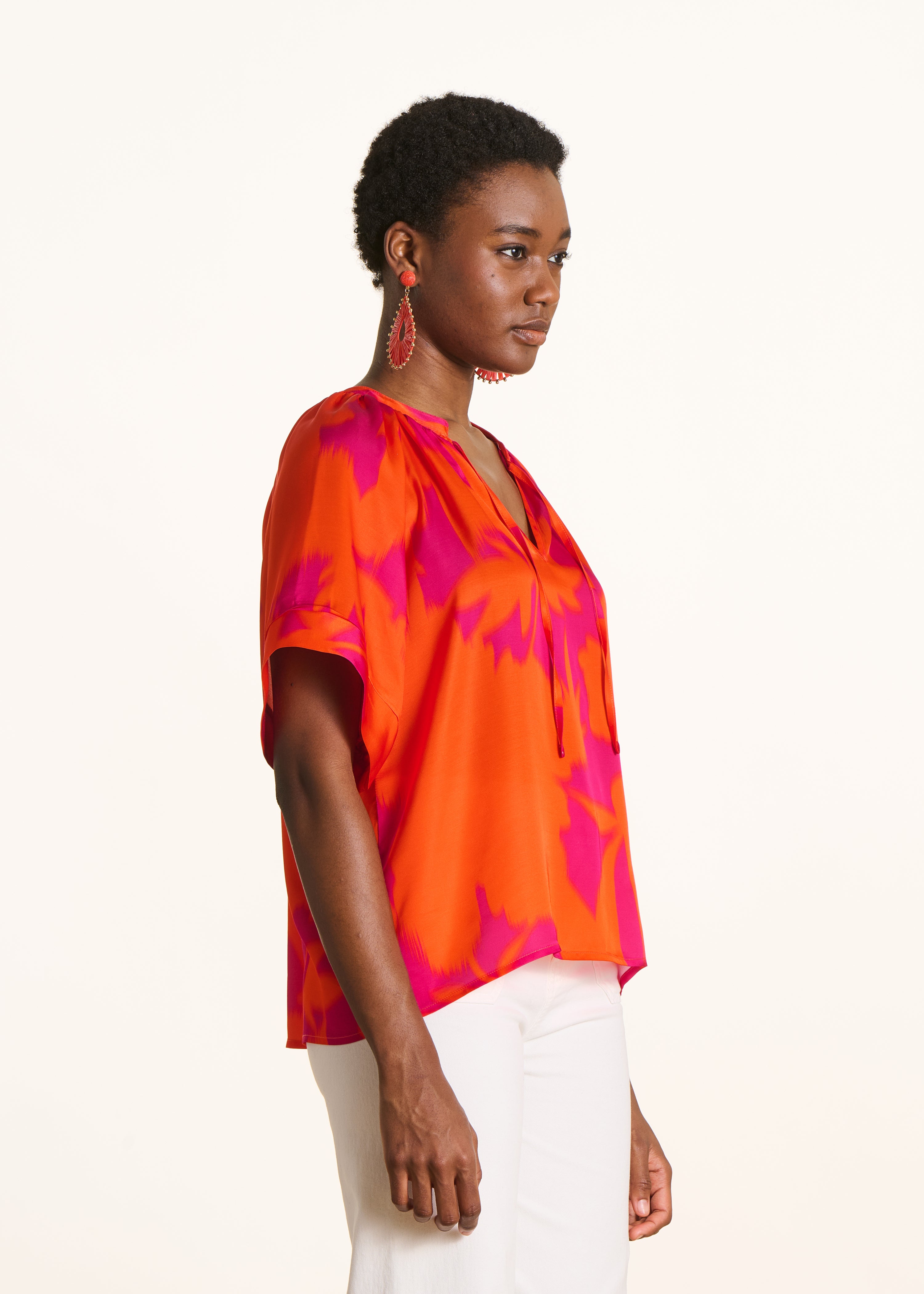 Top ample en satin à imprimé floral manches courtes, LA FEE MARABOUTEE