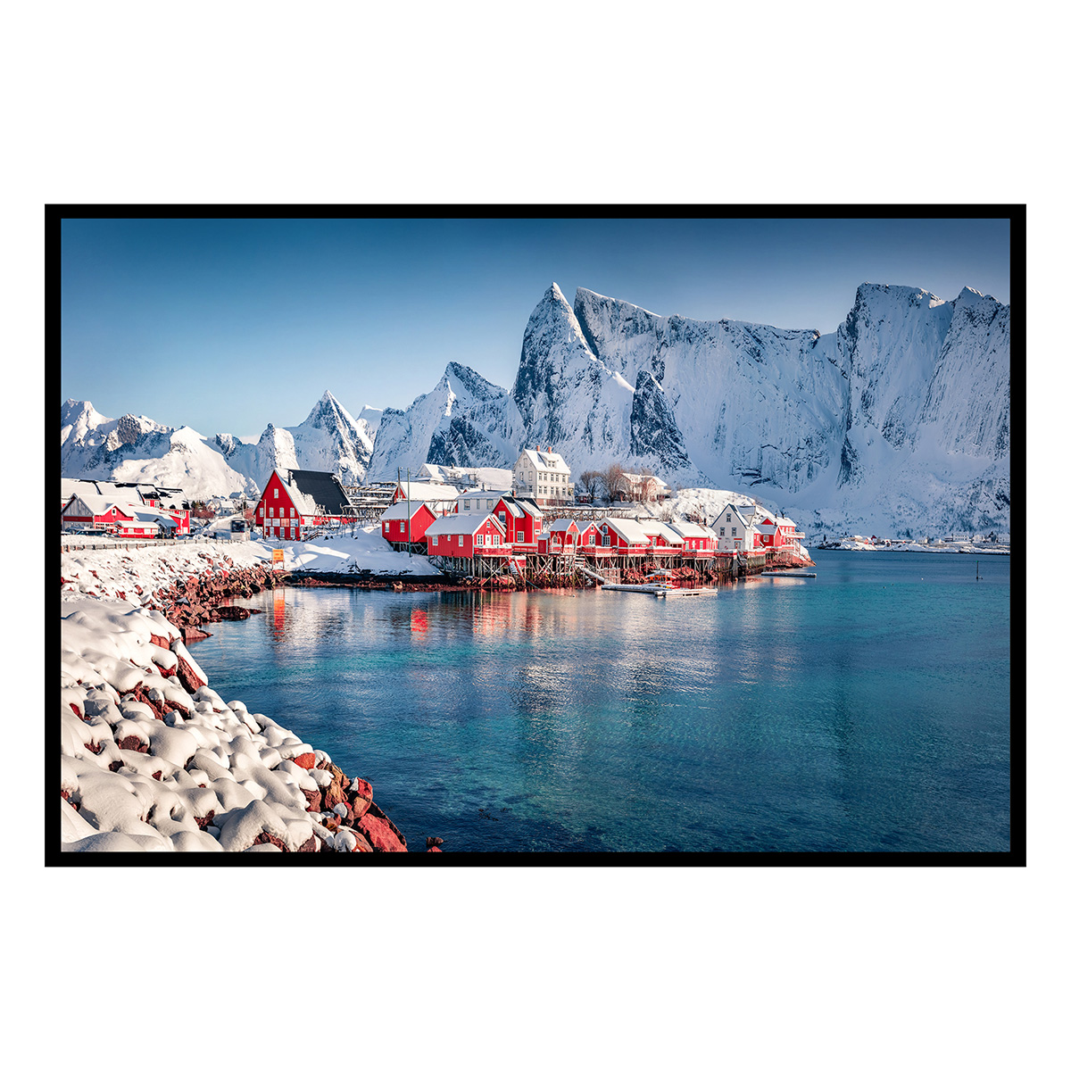 Affiche encadrée paysage montagne hiver village rouge, HEXOA