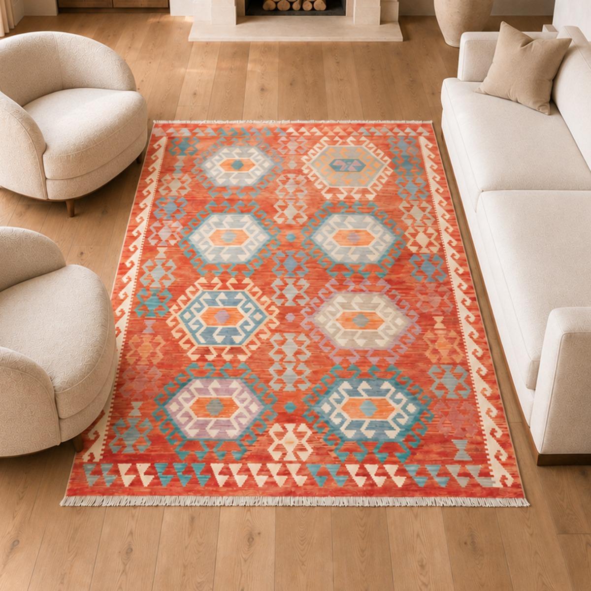Tapis kilim, motif ethnique, tissage plat artisanal, KILIM 82, UN AMOUR DE TAPIS