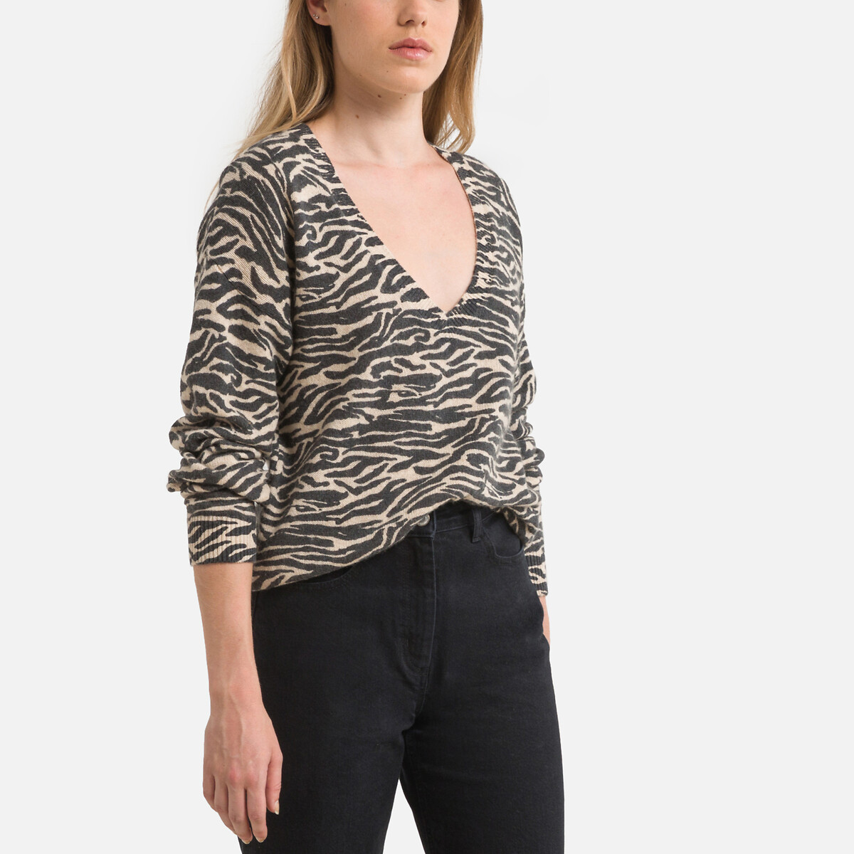 Zebra Print Jumper in Wool Mix with V-Neck