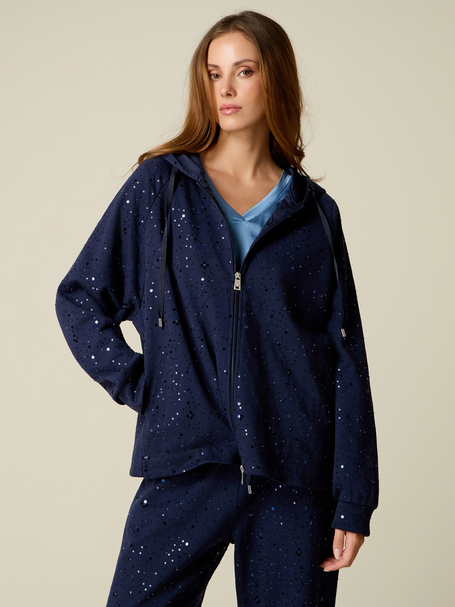 Sweat à capuche avec zip et paillettes, OLTRE