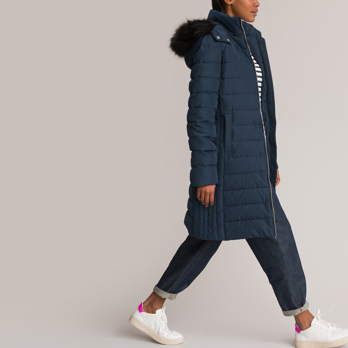 Long padded puffer jacket with faux fur-trimmed hood La Redoute Collections  | La Redoute