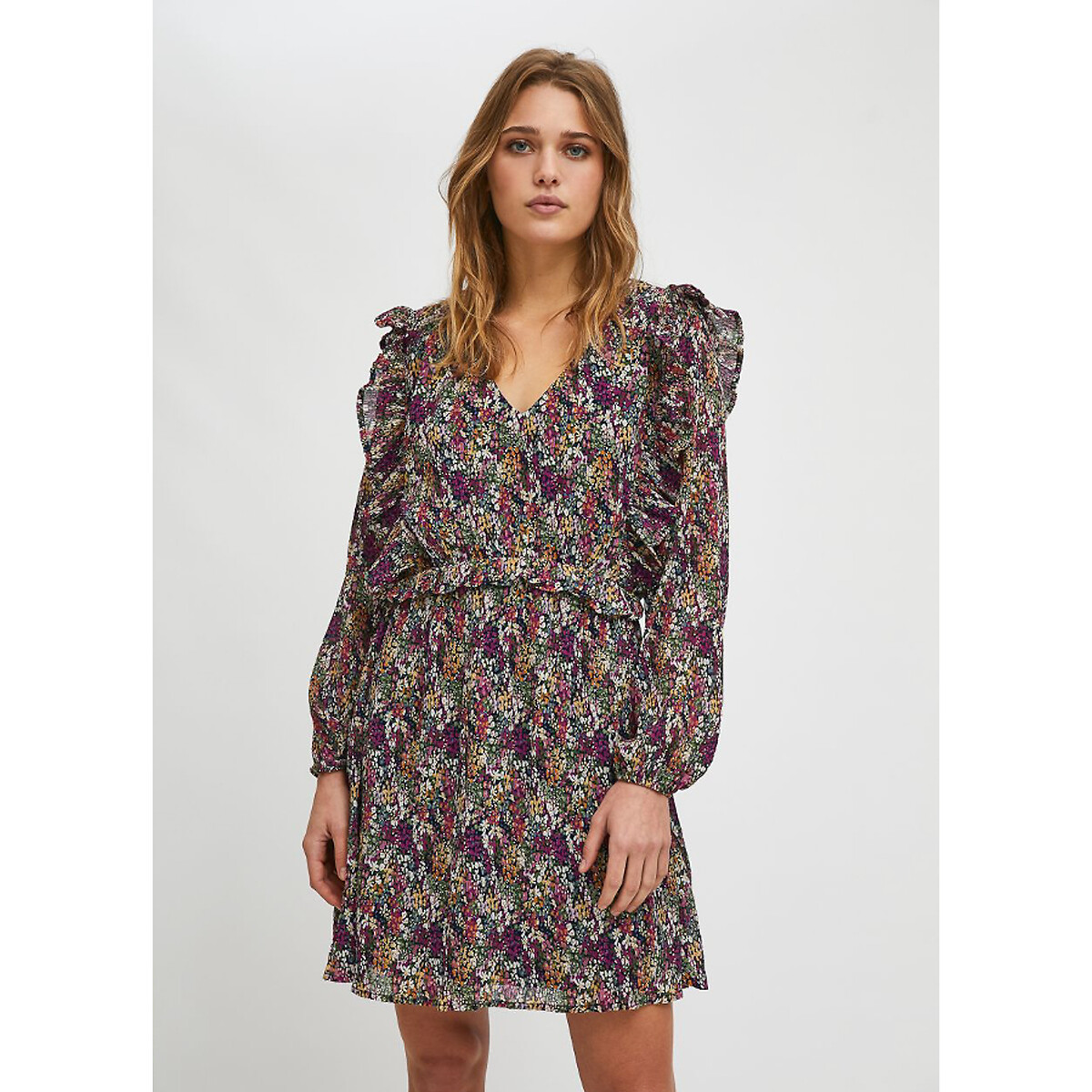 Vestido corto, escote de pico y manga larga, estampado violeta/estampado  flor Compania Fantastica | La Redoute