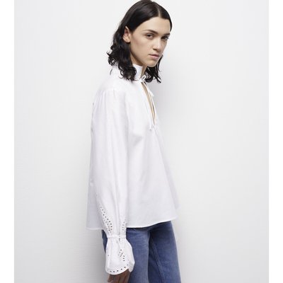 Cotton Pussy Bow Blouse with Broderie Anglaise and Long Ruffle Sleeves THE KOOPLES