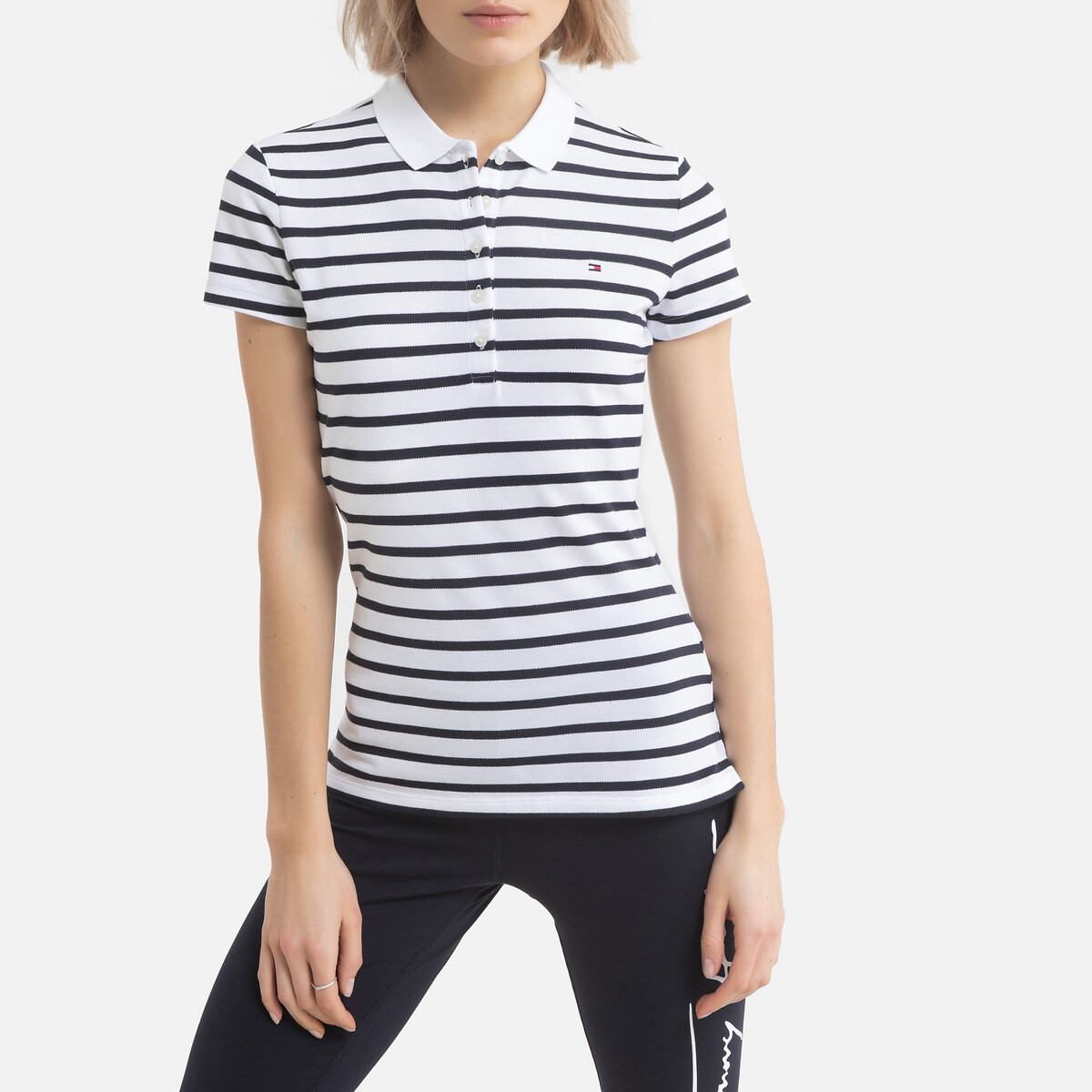 navy and white striped polo shirt