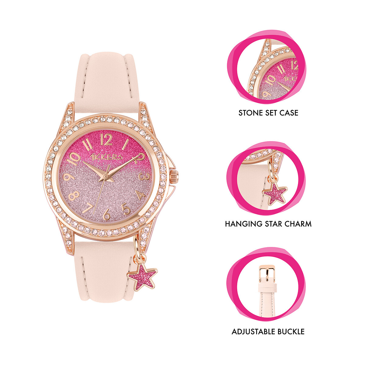 Kids tikkers pink glitter dial watch with case pink Tikkers La