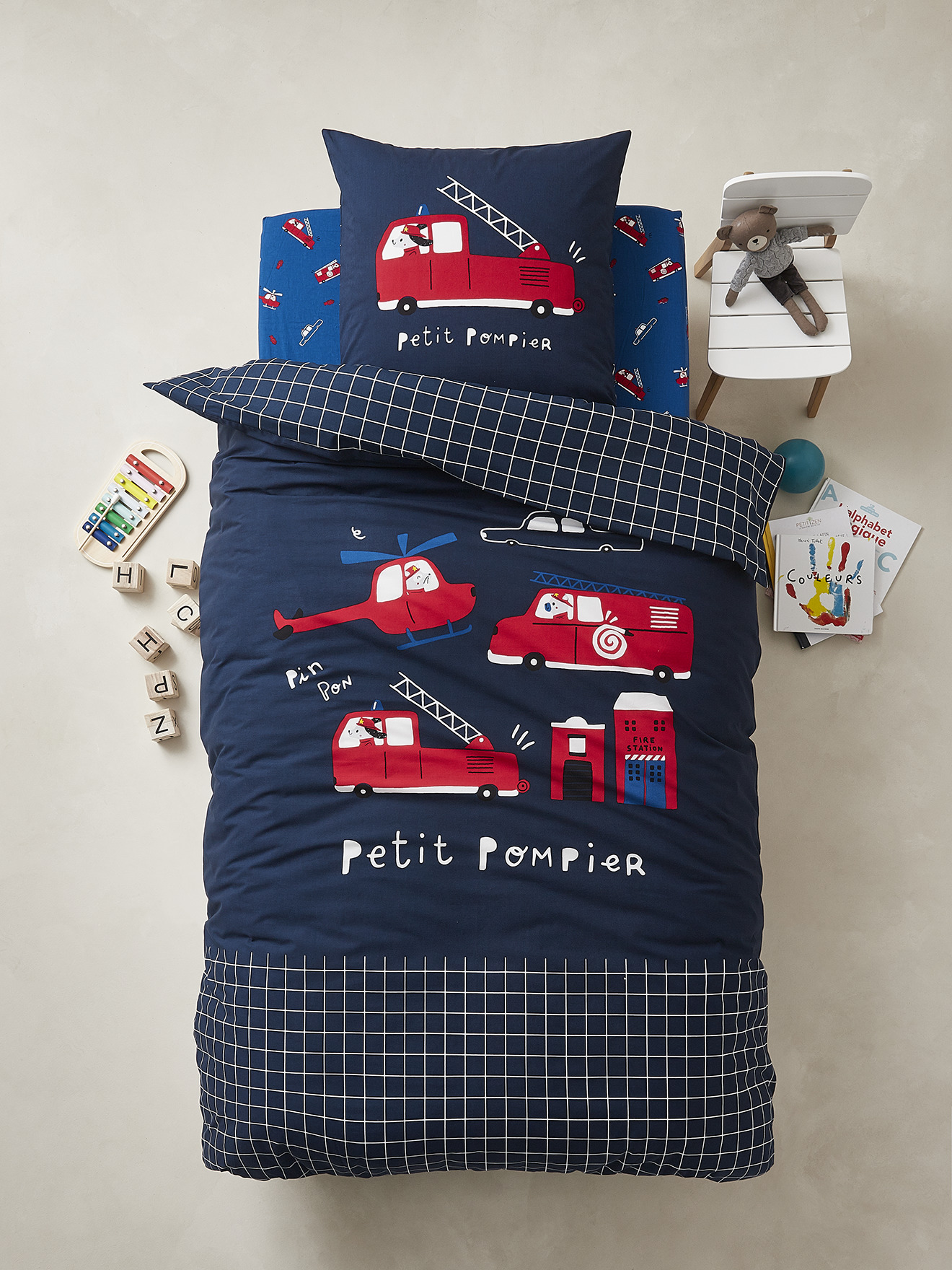 Parure housse de couette + taie d'oreiller PETIT POMPIER, VERTBAUDET