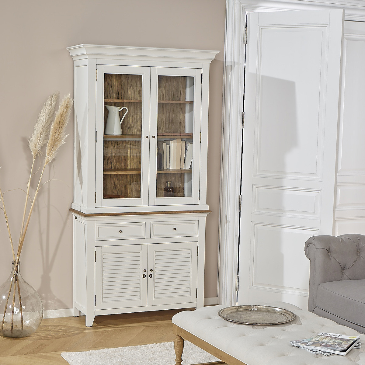 Vaisselier blanc style shabby chic, plateau en chêne, 4 portes, 2 tiroirs EDEN, ROBIN DES BOIS
