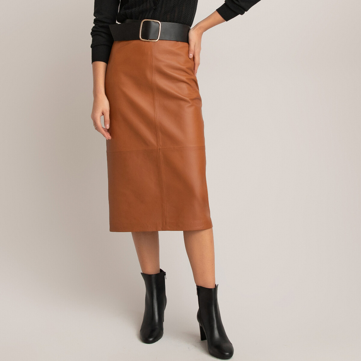 Gonna dritta in pelle marrone cammello La Redoute Collections | La Redoute