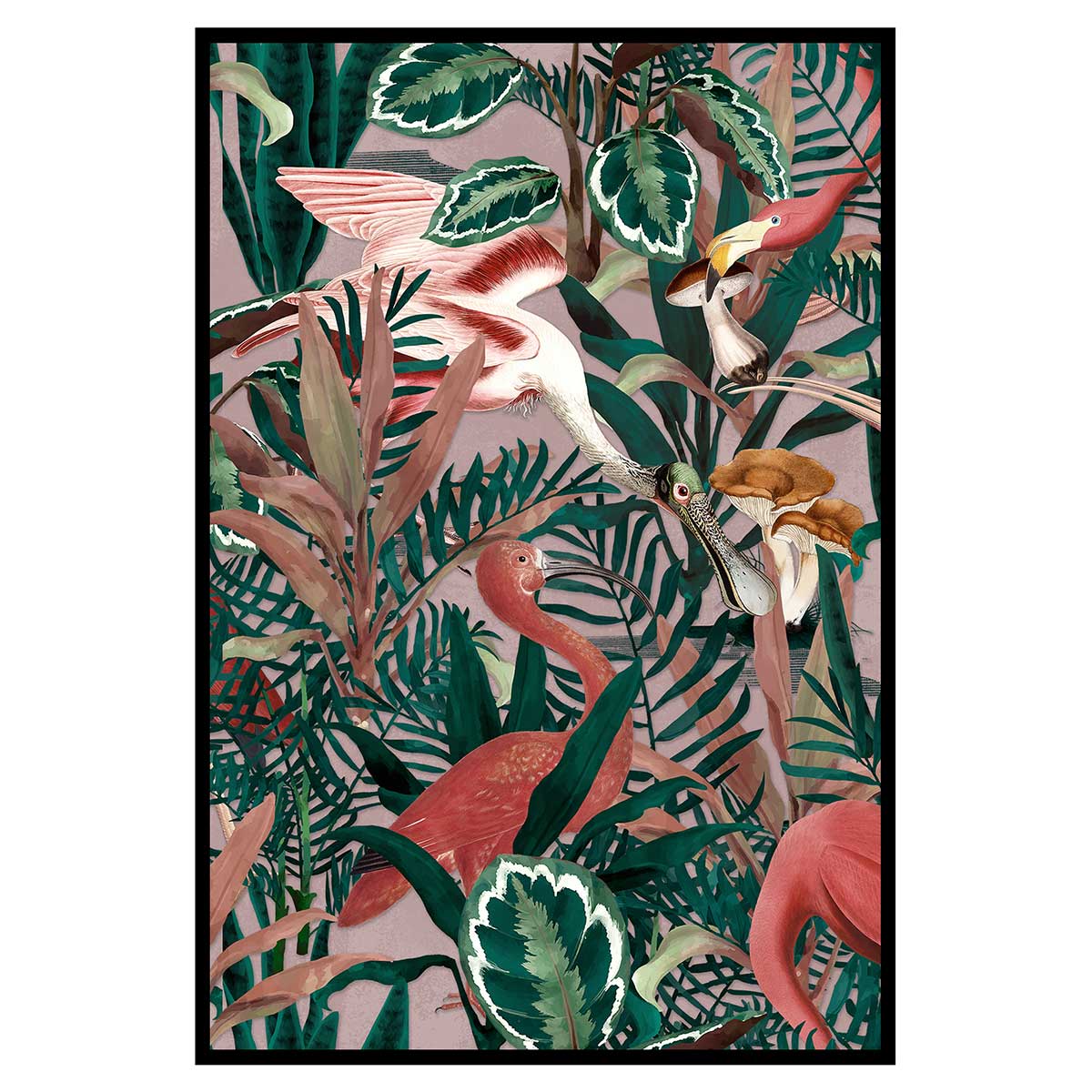 Affiche encadrée jungle tropicale avec flamants roses, HEXOA