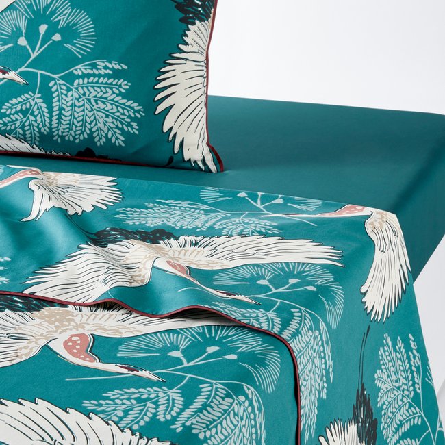 Grues Bird 100% Cotton Percale 180 Thread Count Flat Sheet, teal print, LA REDOUTE INTERIEURS