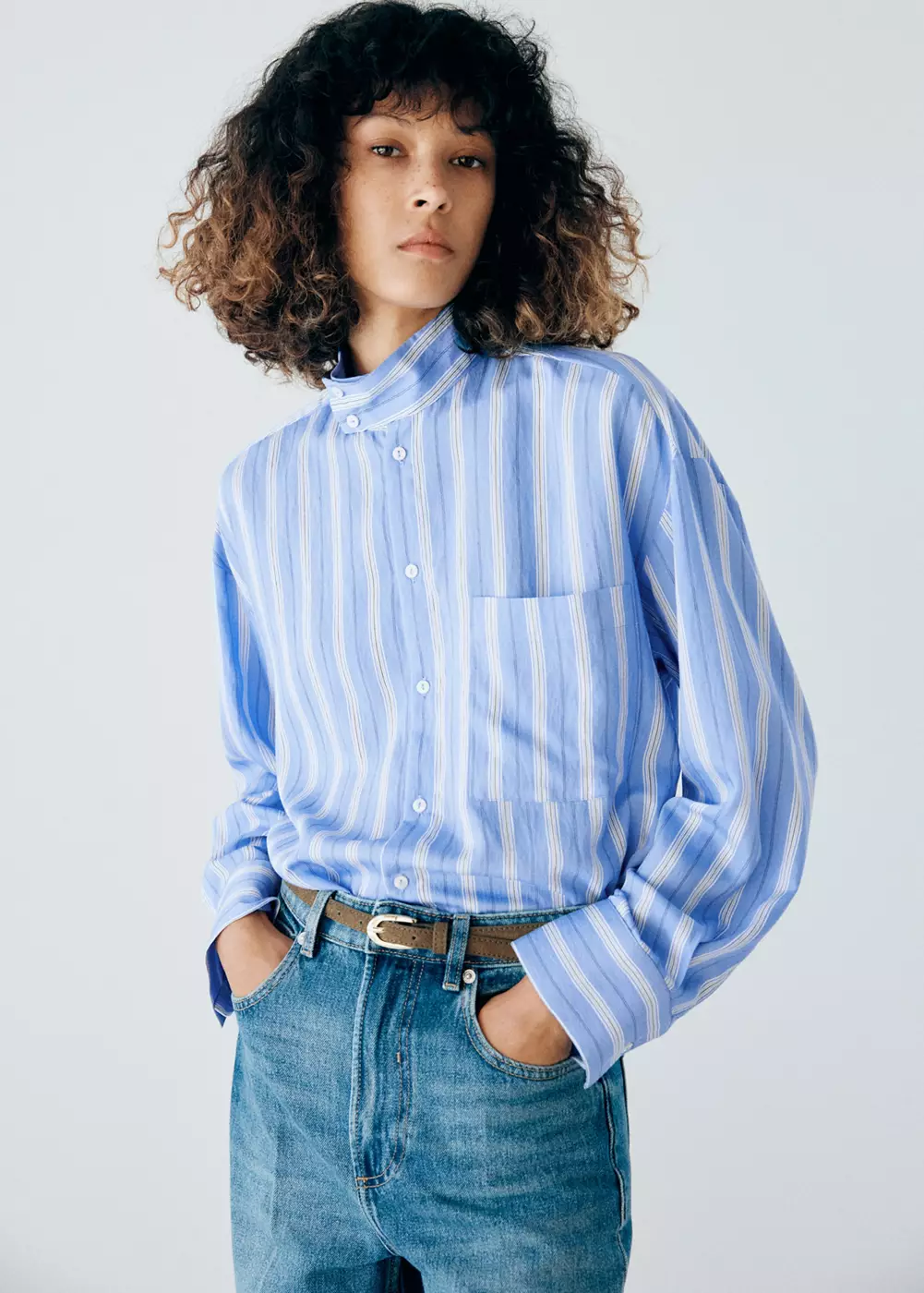 Chemise à rayures col montant, MANGO