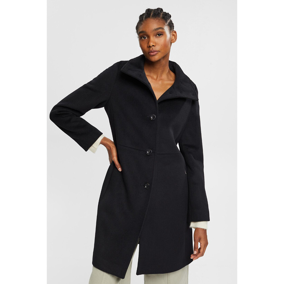 Wool Mix Buttoned Coat with Funnel Neck, Mid Length