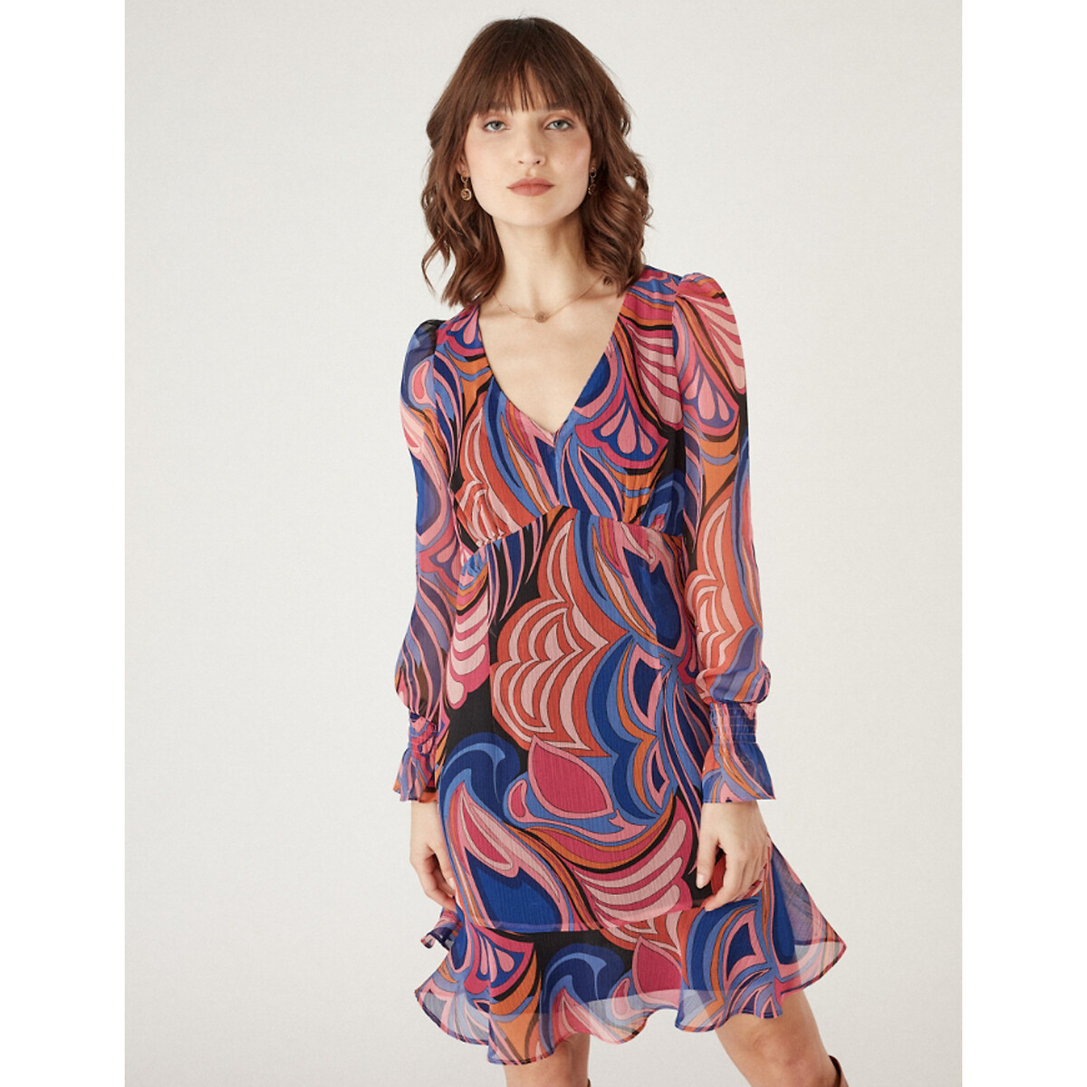 Vestido estampado cuello pico rosa/naranja/azul Naf Naf | La Redoute