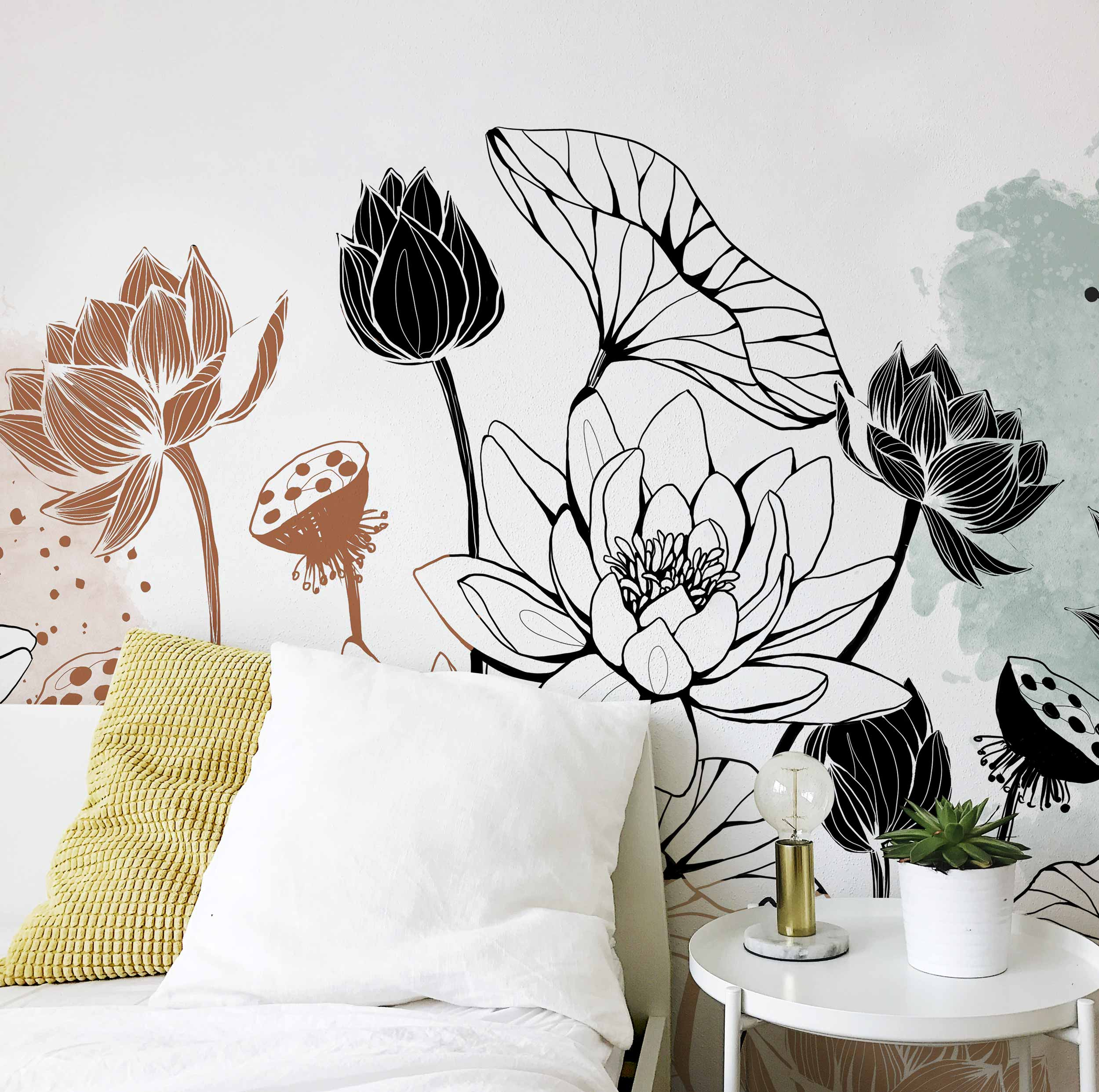 Papier peint panoramique Nympheas, Noir et blanc 255 x 250cm, ACTE DECO