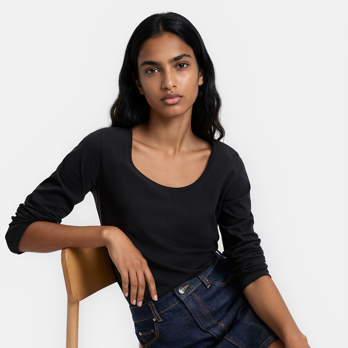 Tshirt en coton, col rond, manches longues, LA REDOUTE COLLECTIONS