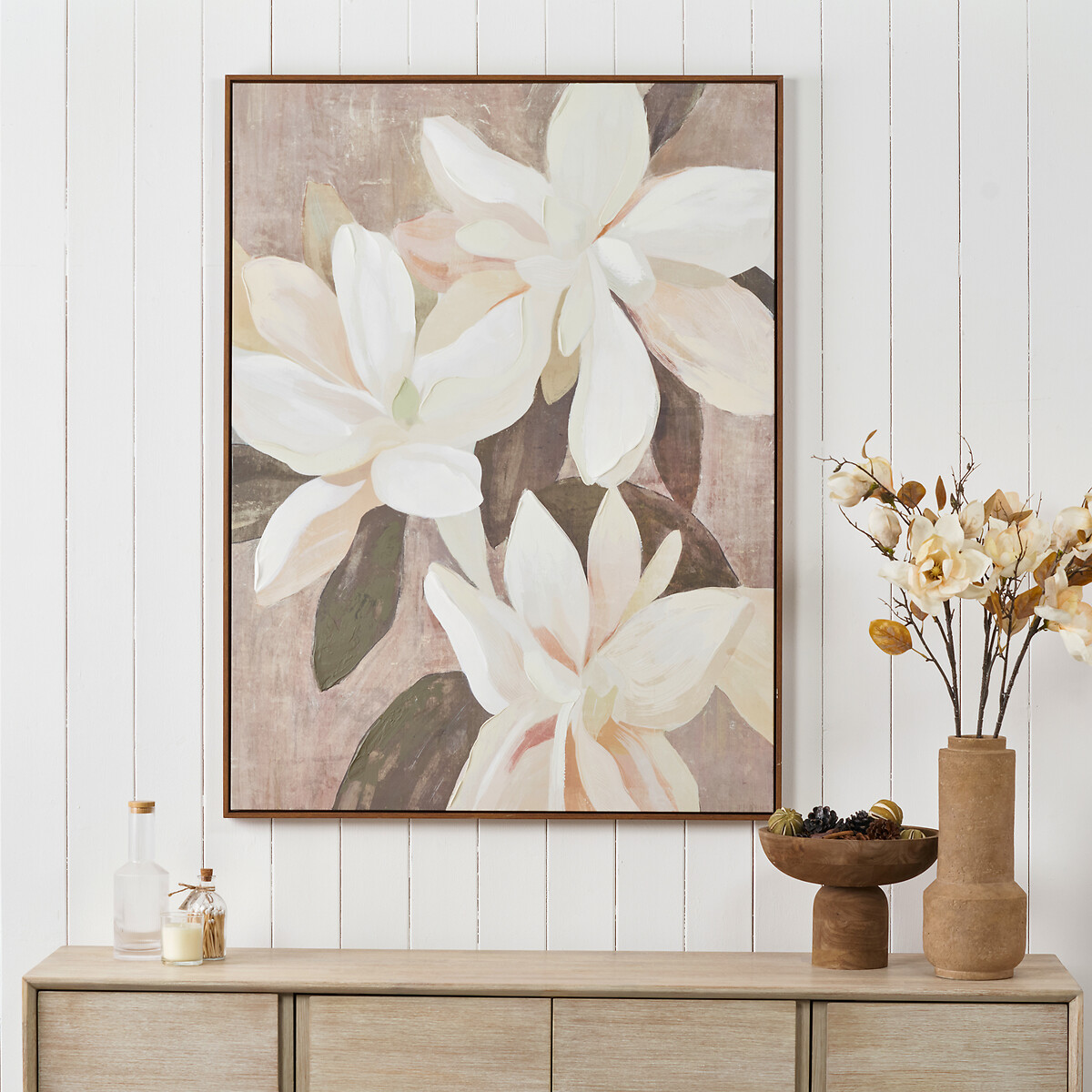 90x120cm White and Natural Floral Canvas with Oak Effect Frame, ÉDITÉ