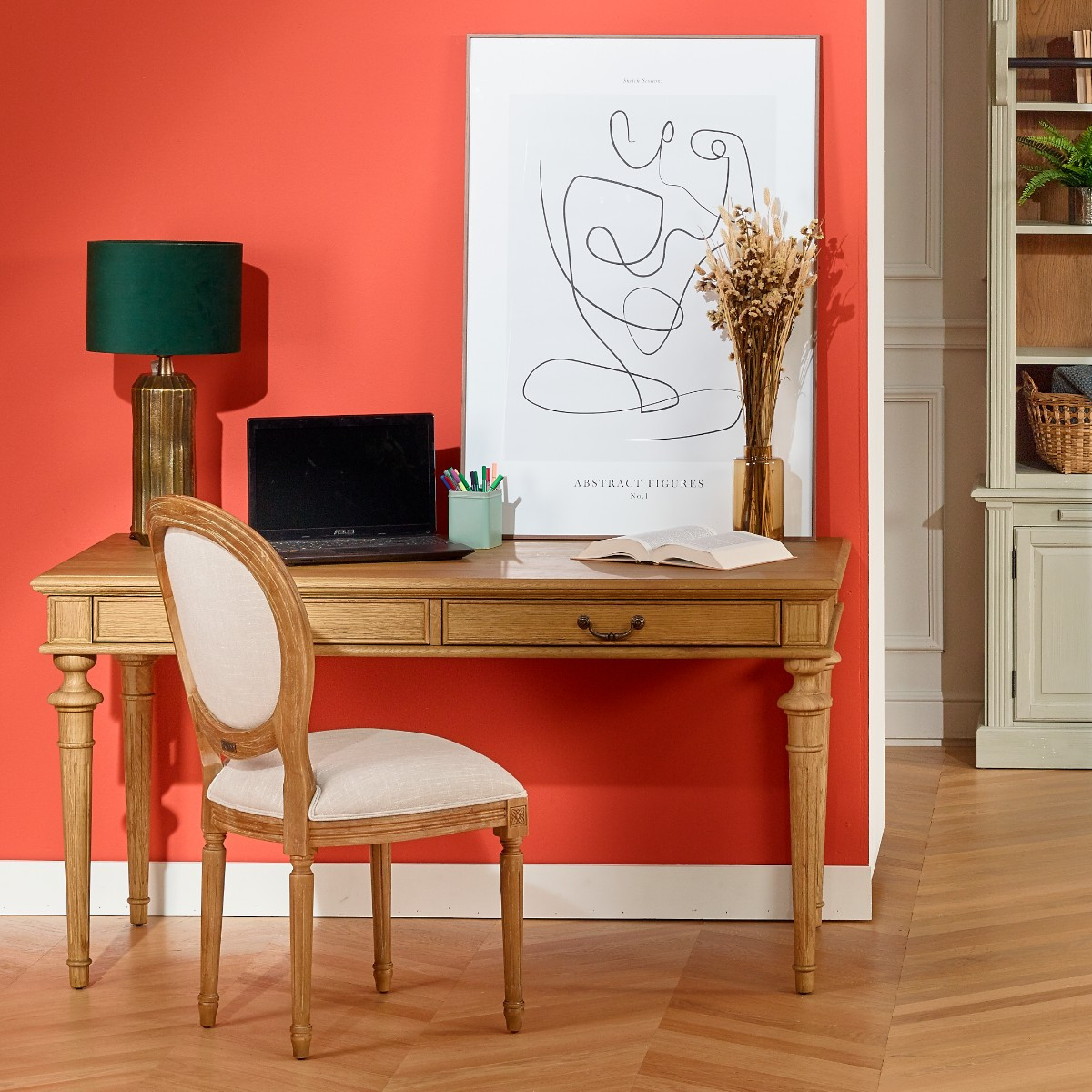 Bureau style shabby chic, plateau en chêne, 2 tiroirs YVAN, ROBIN DES BOIS
