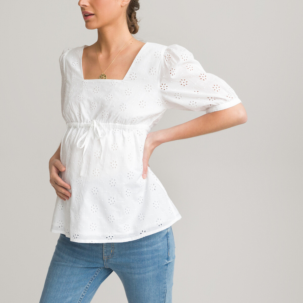 Blusa para grávida, decote quadrado, bordado inglês