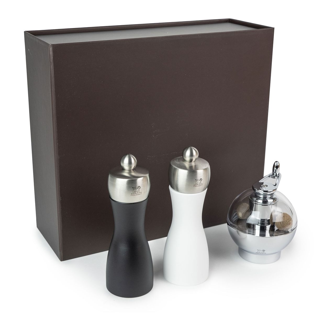 trio de moulins a muscade ternate, poivre et a sel en bois inox couleur noir blanc 15 cm coffret trio