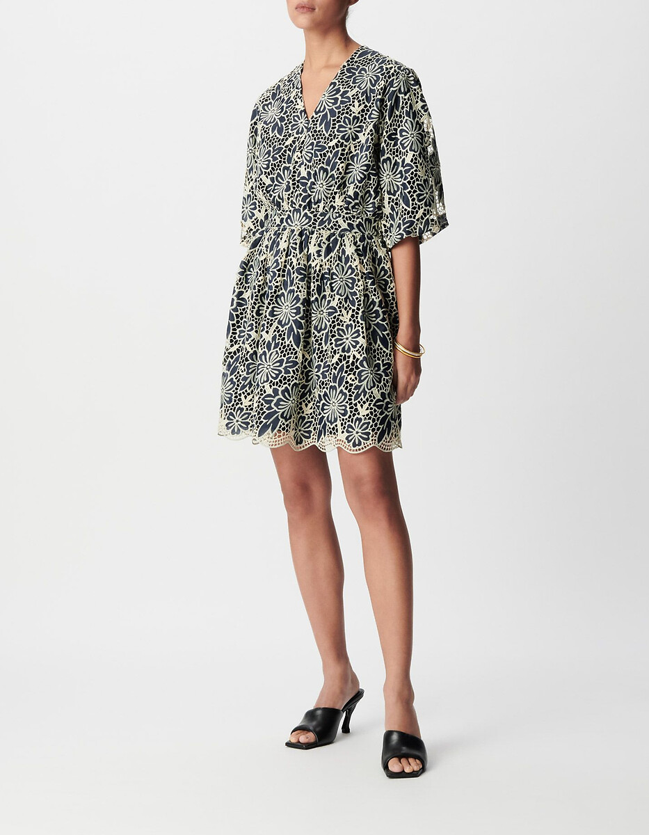 Robe courte manches courtes col V évasée, imprimée, IKKS