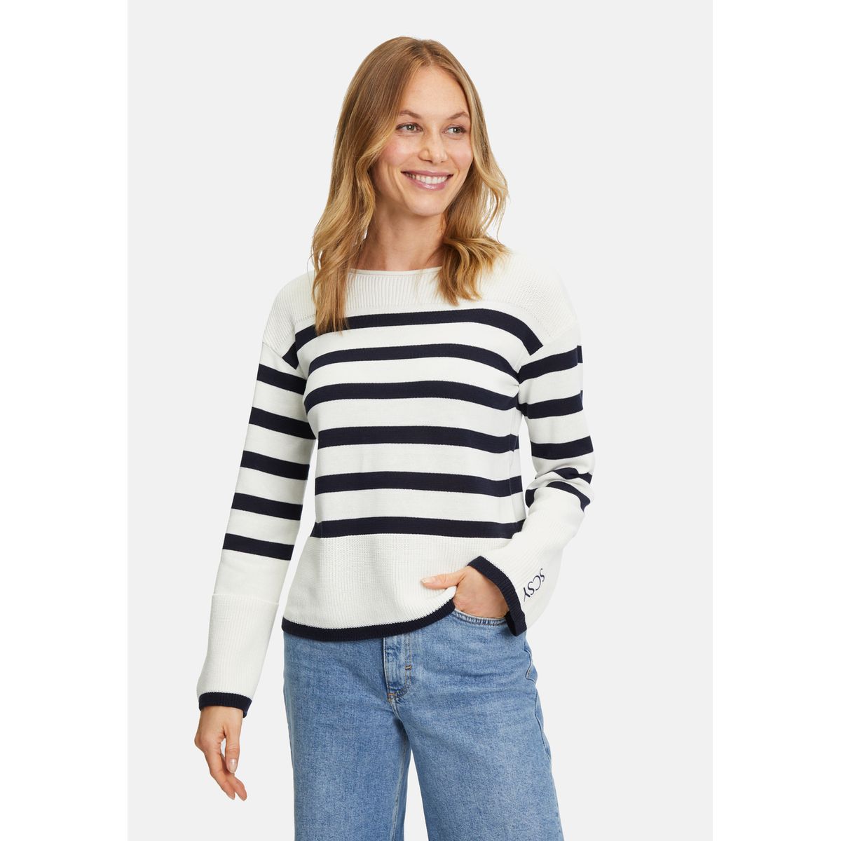Pull Betty Barclay Blanc Rayé Bleu – Taille 44 – Manches Courtes