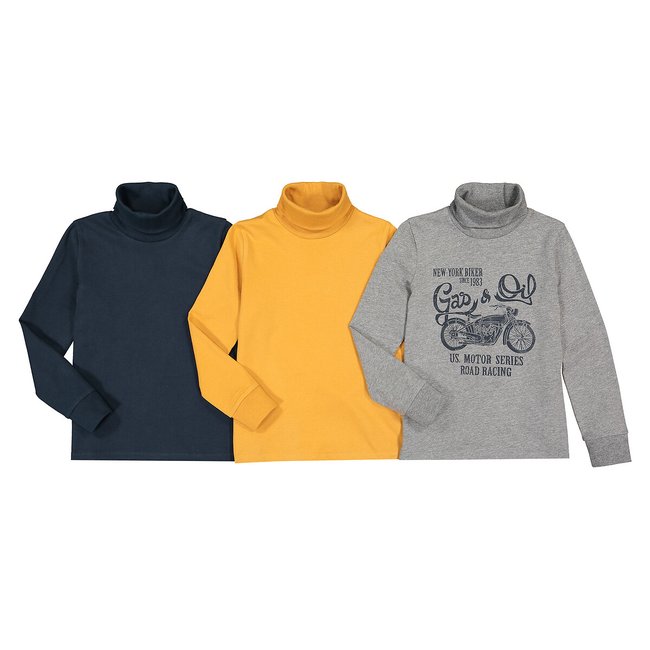 Pack of 3 Turtleneck Jumpers in Cotton, grey marl+yellow+navy, LA REDOUTE COLLECTIONS