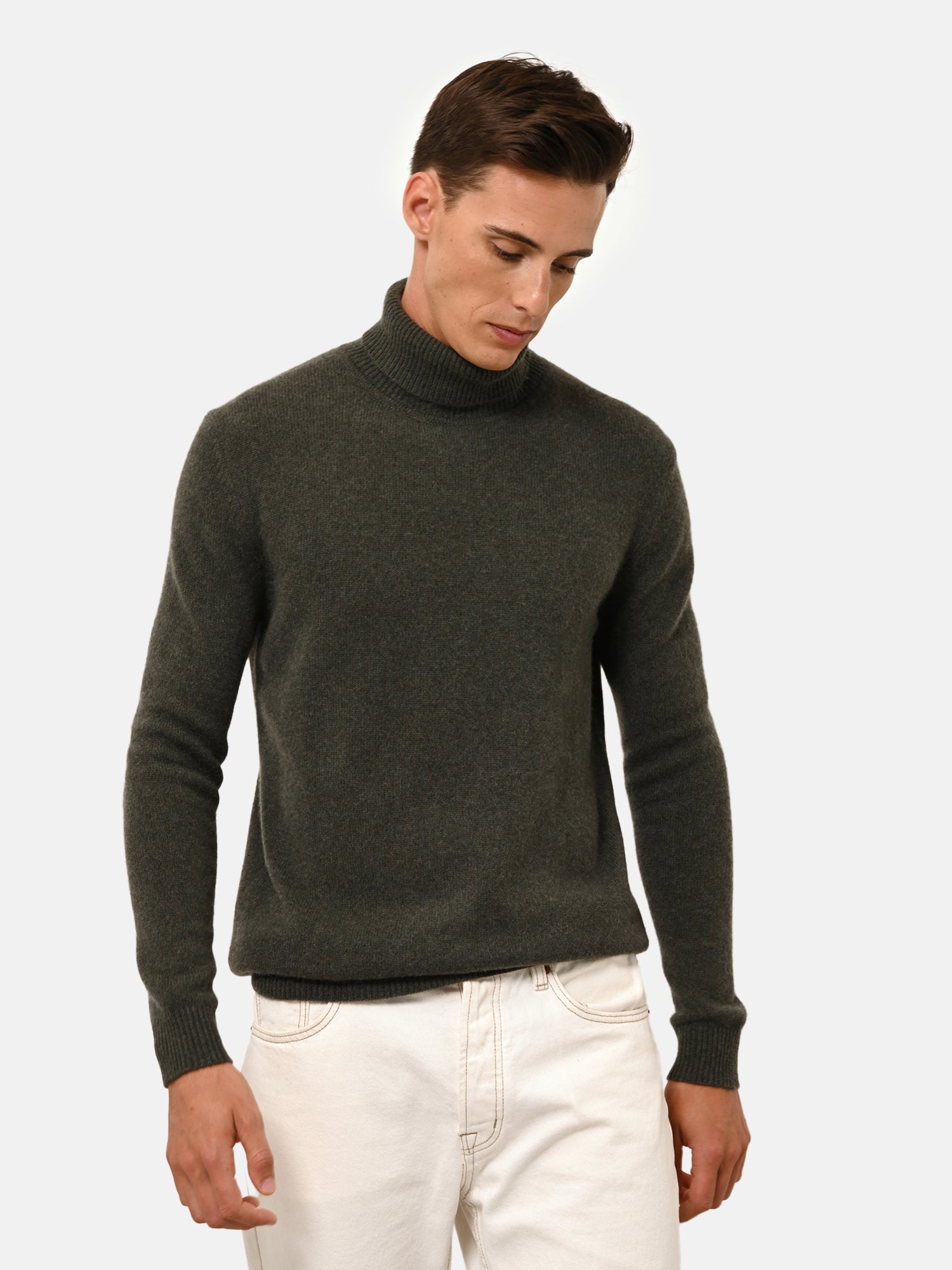 Pull Col Roulé 4 Fils Kaki Chiné Sacha, JUST CASHMERE