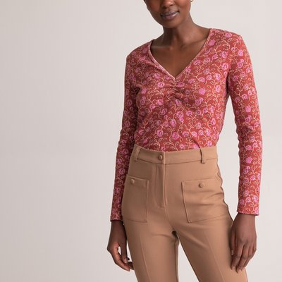 Floral Cotton T-Shirt with V-Neck and Long Sleeves ANNE WEYBURN