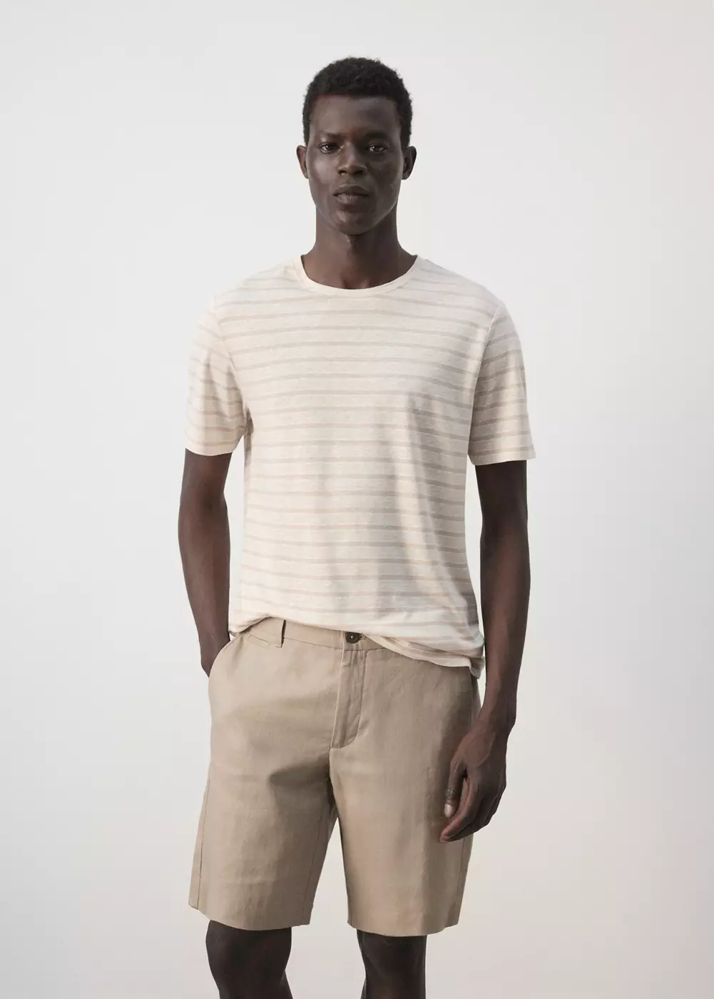 T-shirt en mélange de lin à rayures, MANGO MAN