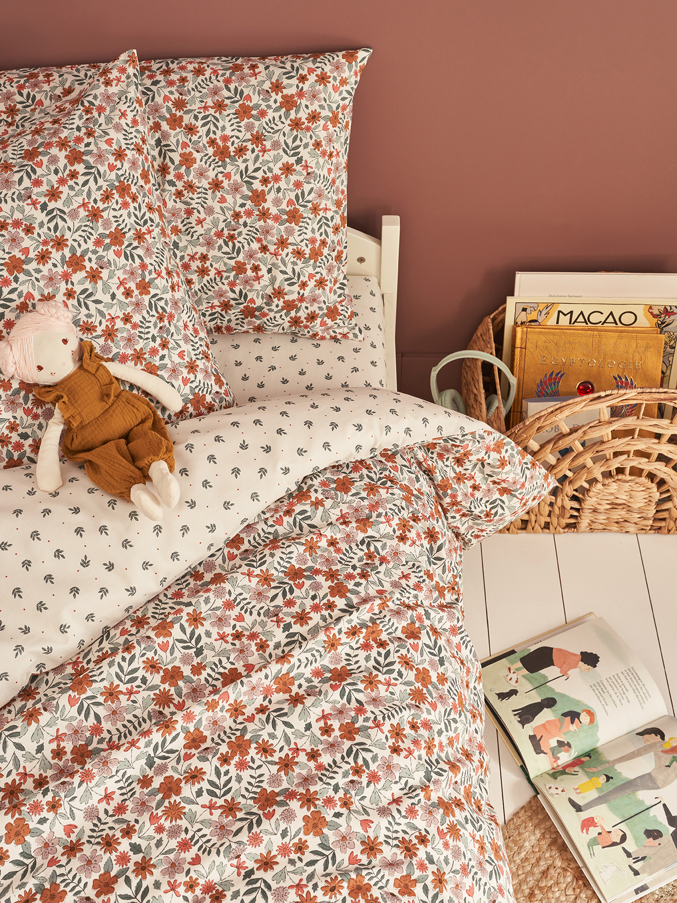 Parure housse de couette et taie d'oreiller réversible RETRO FLOWERS, avec coton recyclé, VERTBAUDET
