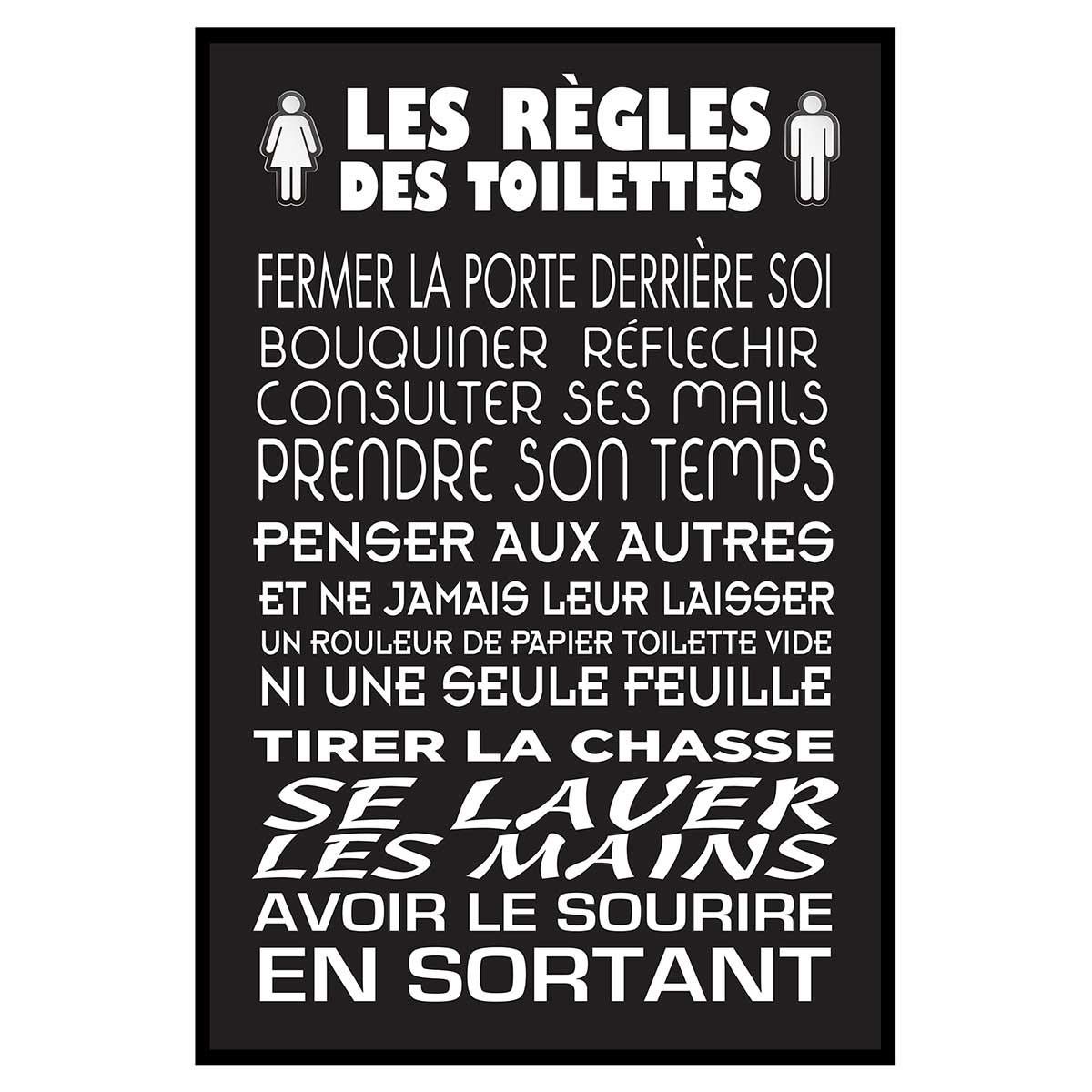 Affiche encadrée règles des toilettes typographie moderne fond sombre, HEXOA