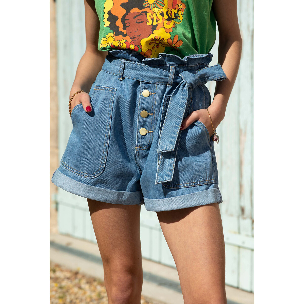 Viggo denim flared shorts , denim, La Petite Etoile | La Redoute