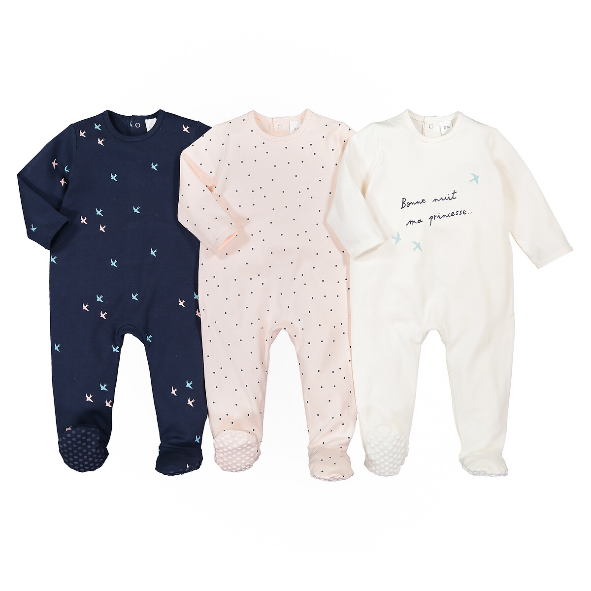 Lot De 3 Pyjamas 1 Piece En Coton 0 Mois 3 Ans Rose Bleu Marine Ecru La Redoute Collections La Redoute