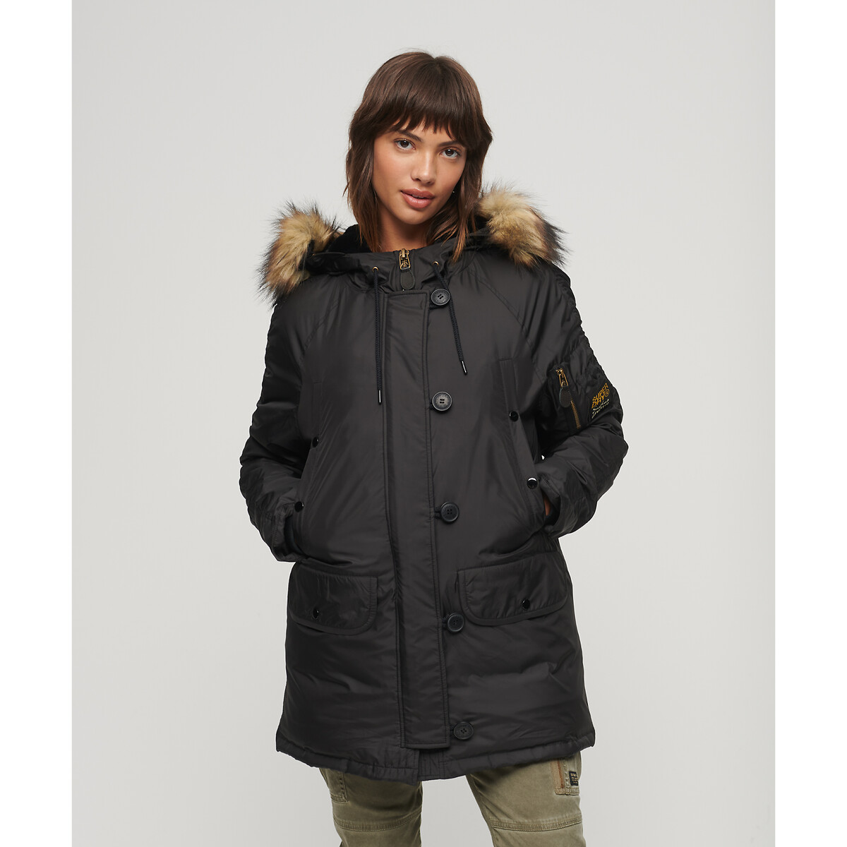 Hooded mid-length parka with faux fur trim, black, Superdry | La Redoute