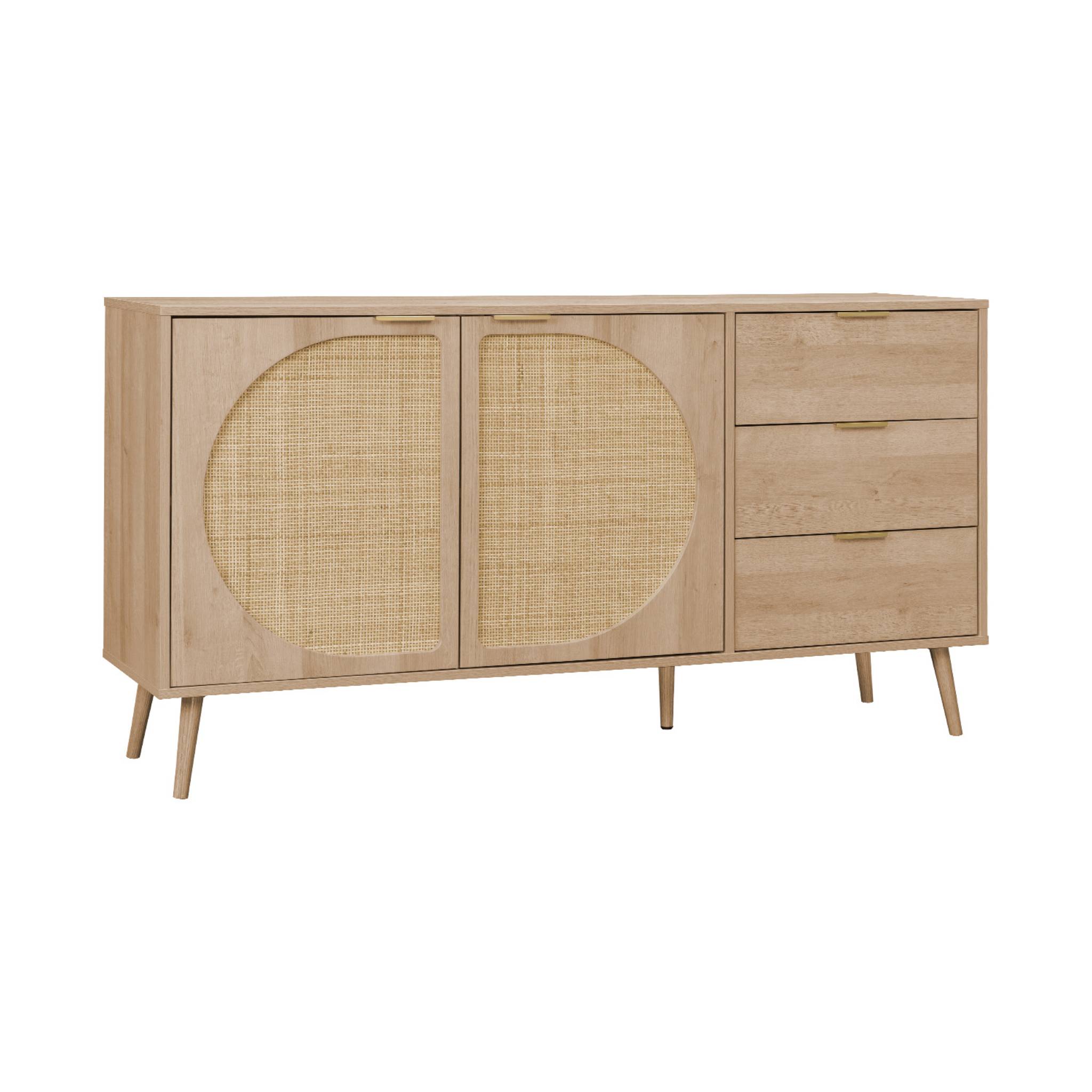 Buffet décor bois et cannage arrondi 2 portes 3 tiroirs 150cm EVA, SWEEEK