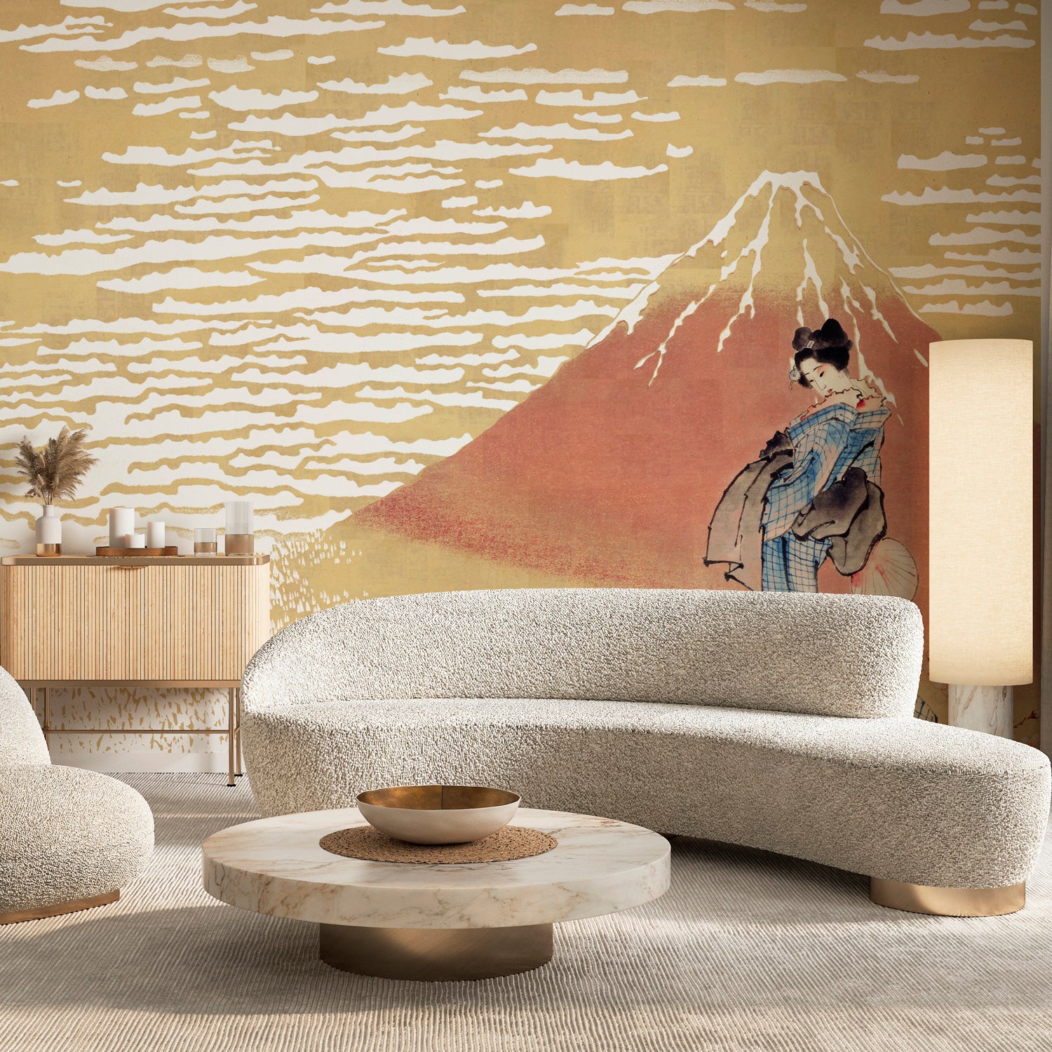 Papier peint panoramique Shirofuji XL - Geisha et Mont Fuji, 384 x 300 cm, LE PAPIERS DE NINON