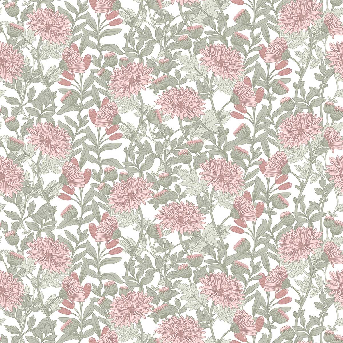 Papier peint chrysanthèmes rose poudré, HEXOA