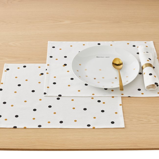 Perfect Time Polka Dot Cotton Placemats, white black print/mustard, LA REDOUTE INTERIEURS