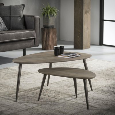 Table basse gigogne contemporaine forme galet bois chêne gris et métal 90x60cm HELSINKI (2 pièces) PIER IMPORT