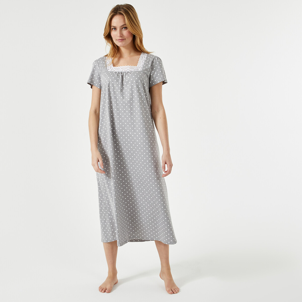 Polka Dot Long Nightdress in Cotton with Macrame Details