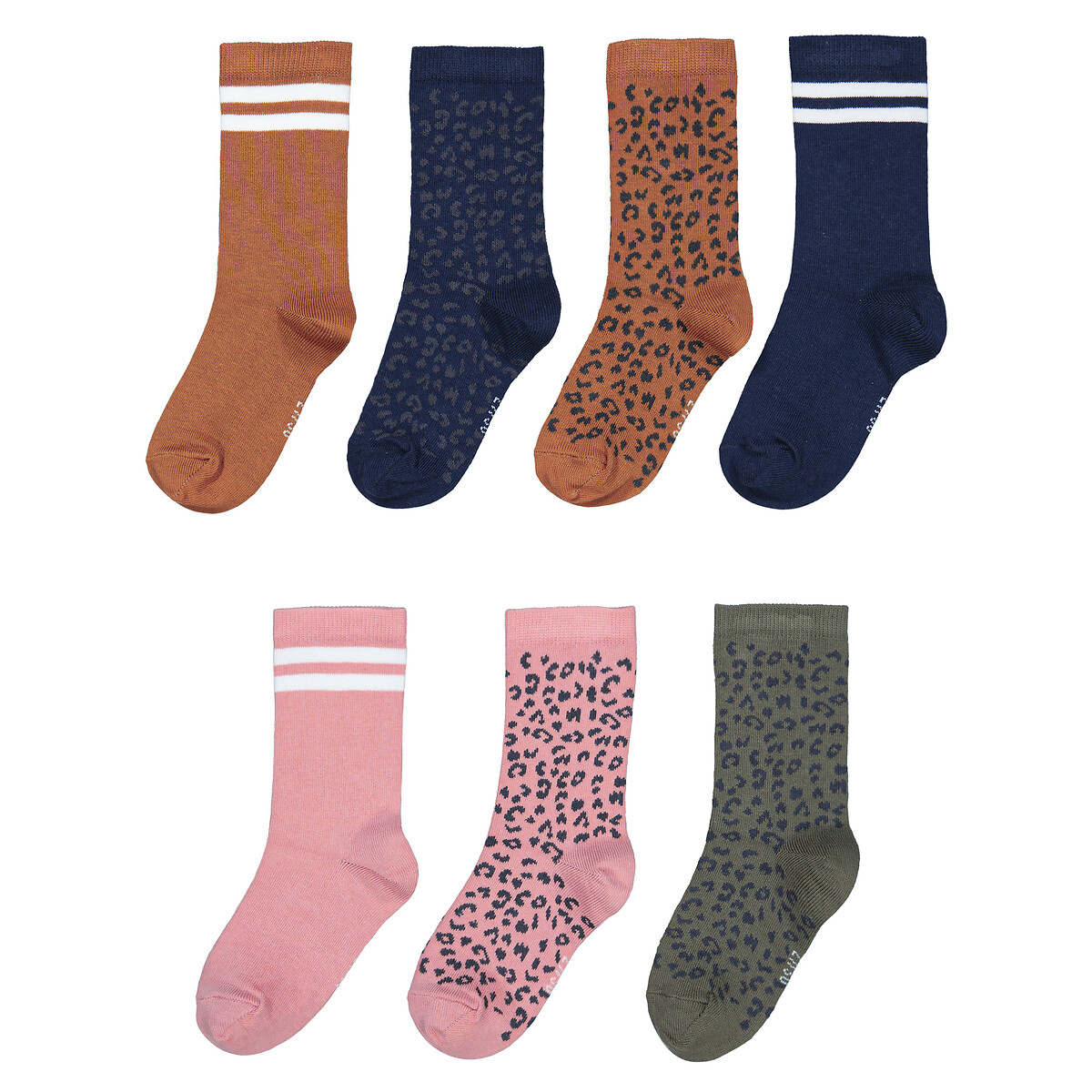 Pack of 7 Pairs of Socks in Cotton Mix, Leopard/Striped Print