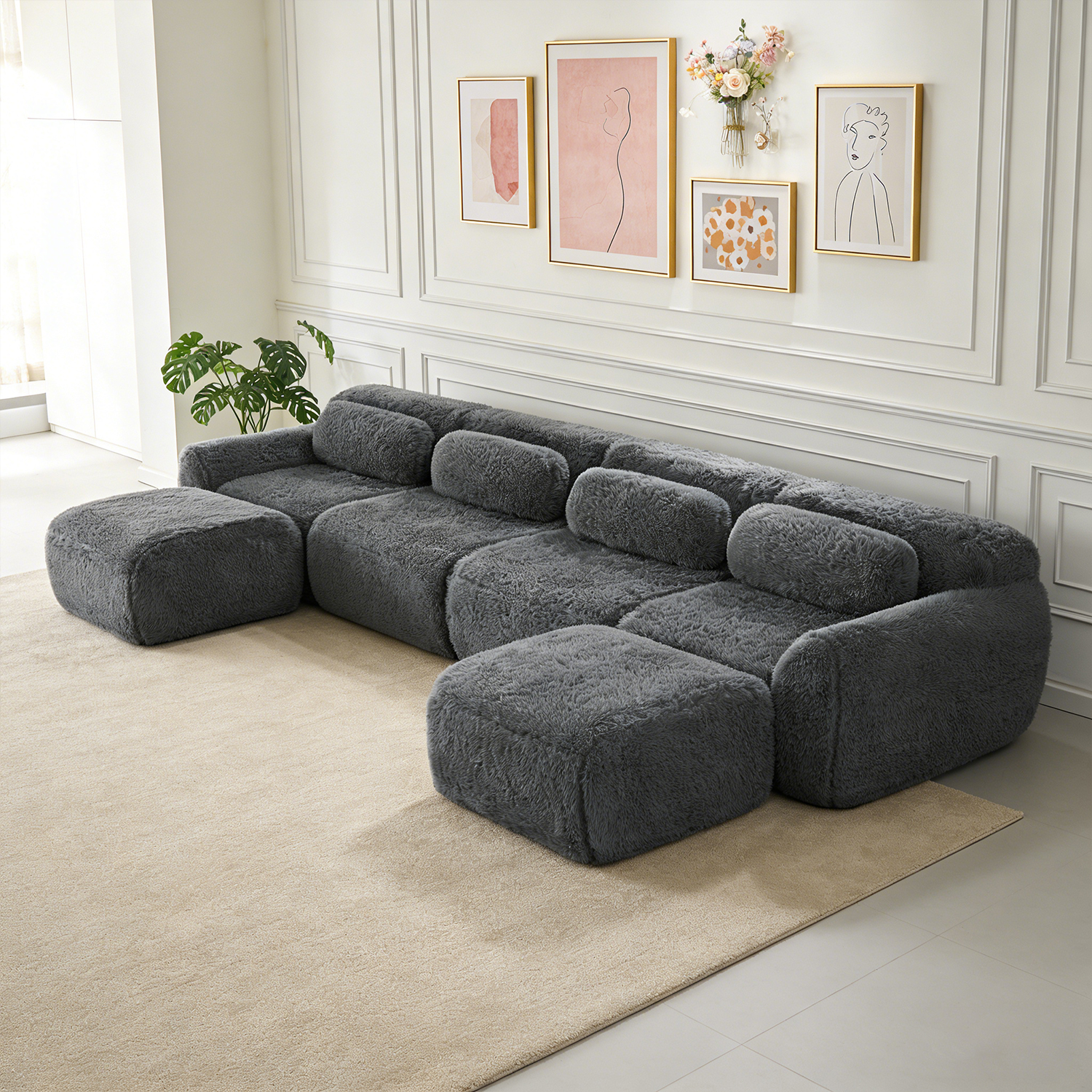 Canapé d'angle réversible 4 places avec 2 poufs, WIND, MEUBLES COSY