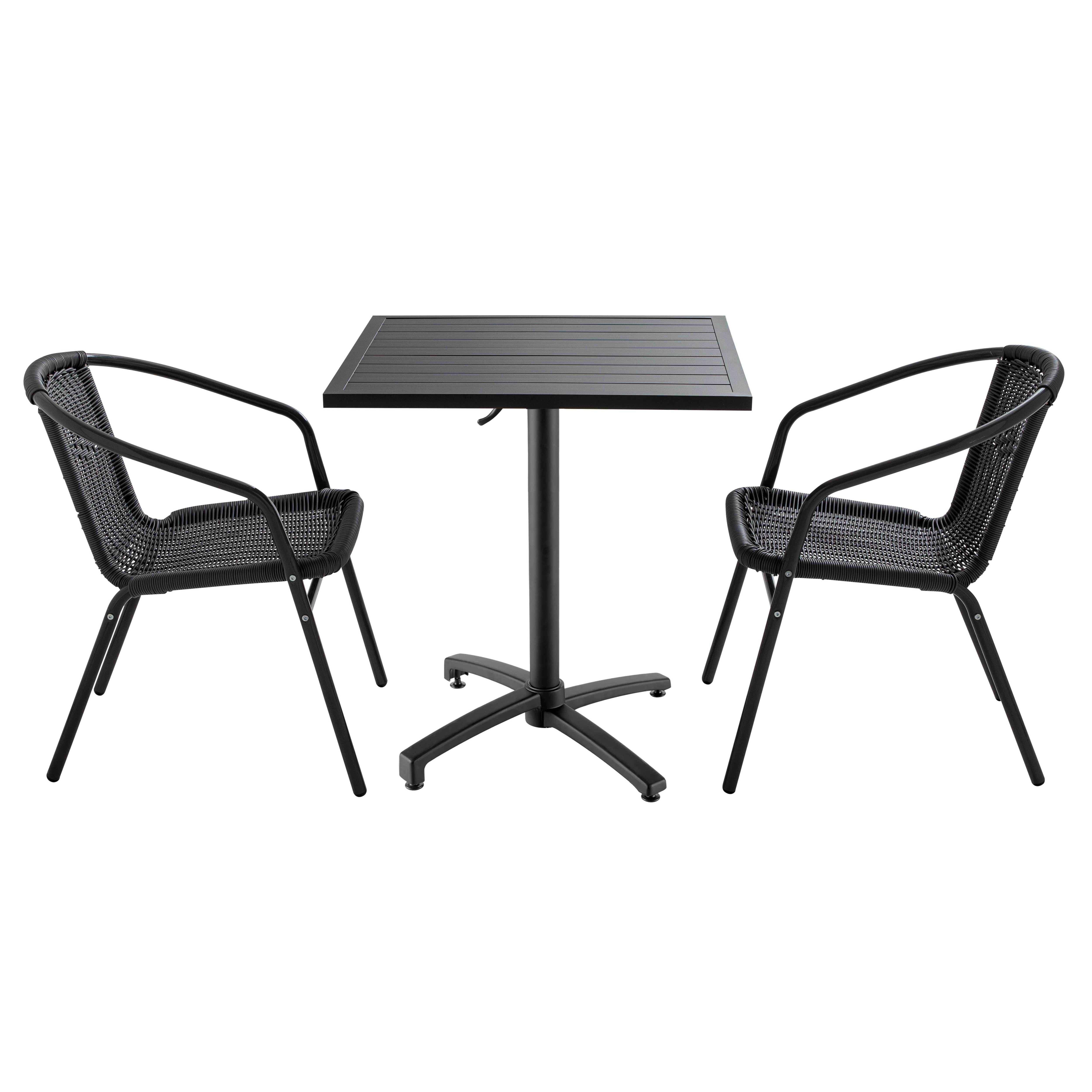 Table de terrasse rabattable carrée et 2 fauteuils aluminium et résine, OVIALA