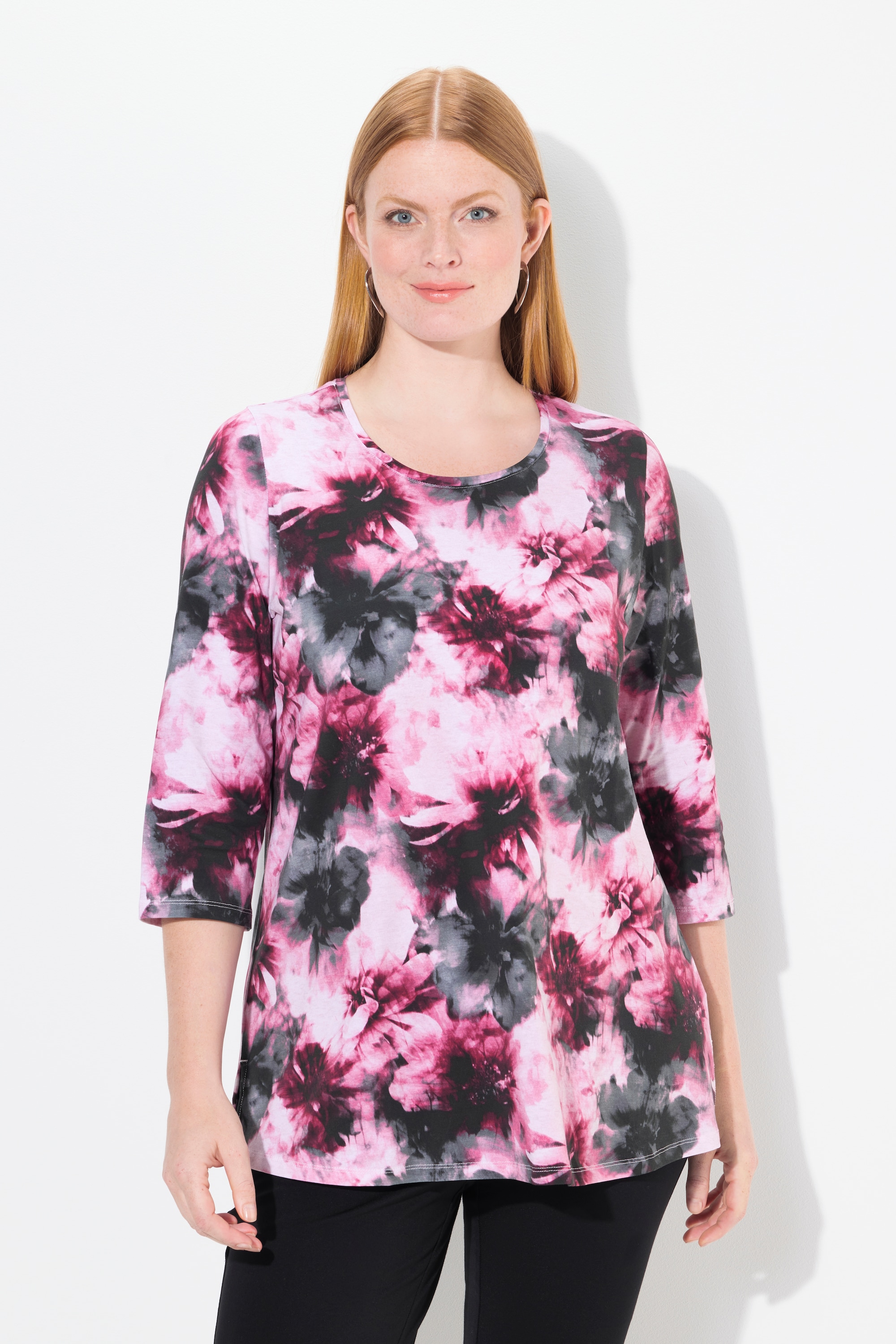 T-shirt à motif floral en coton pima. Col, ULLA POPKEN