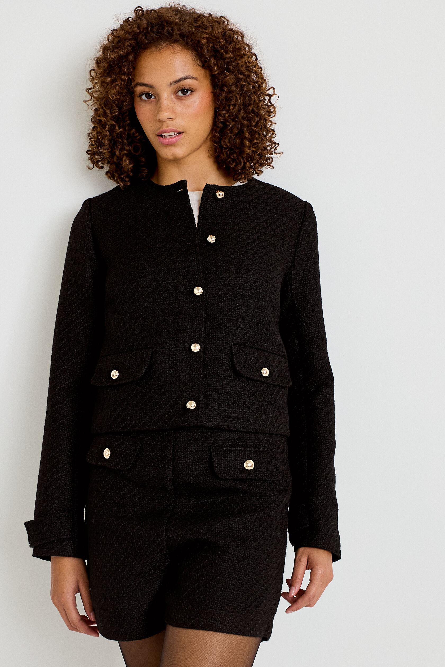Veste tweed cintrée cropped col mao, CACHE CACHE