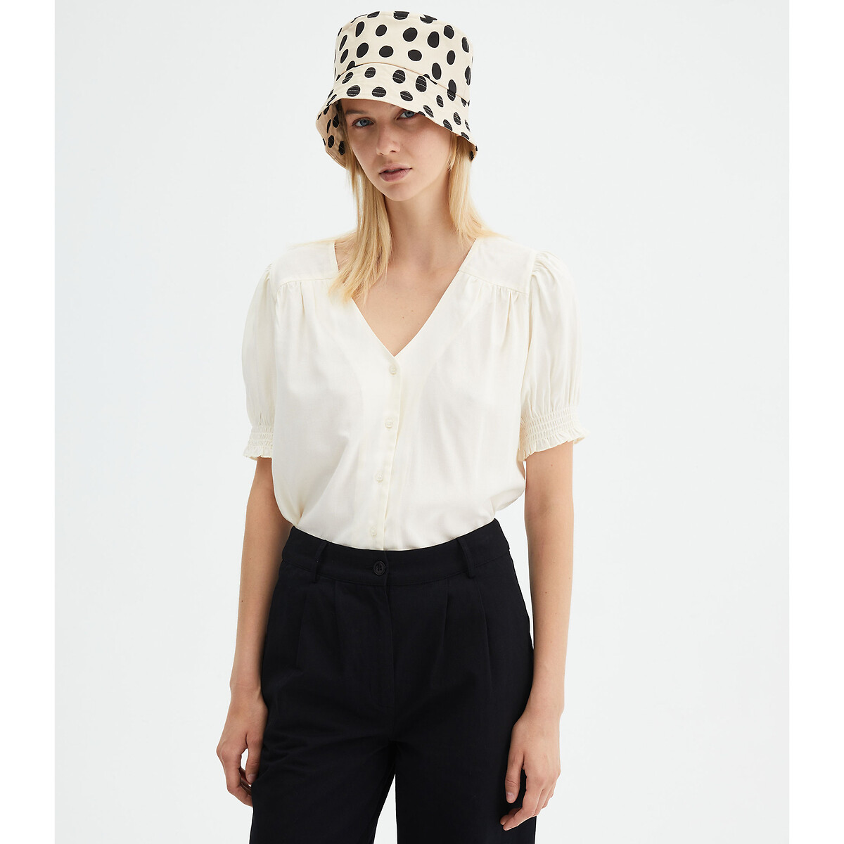 Plain blouse with short puff sleeves , white, Compania Fantastica | La ...