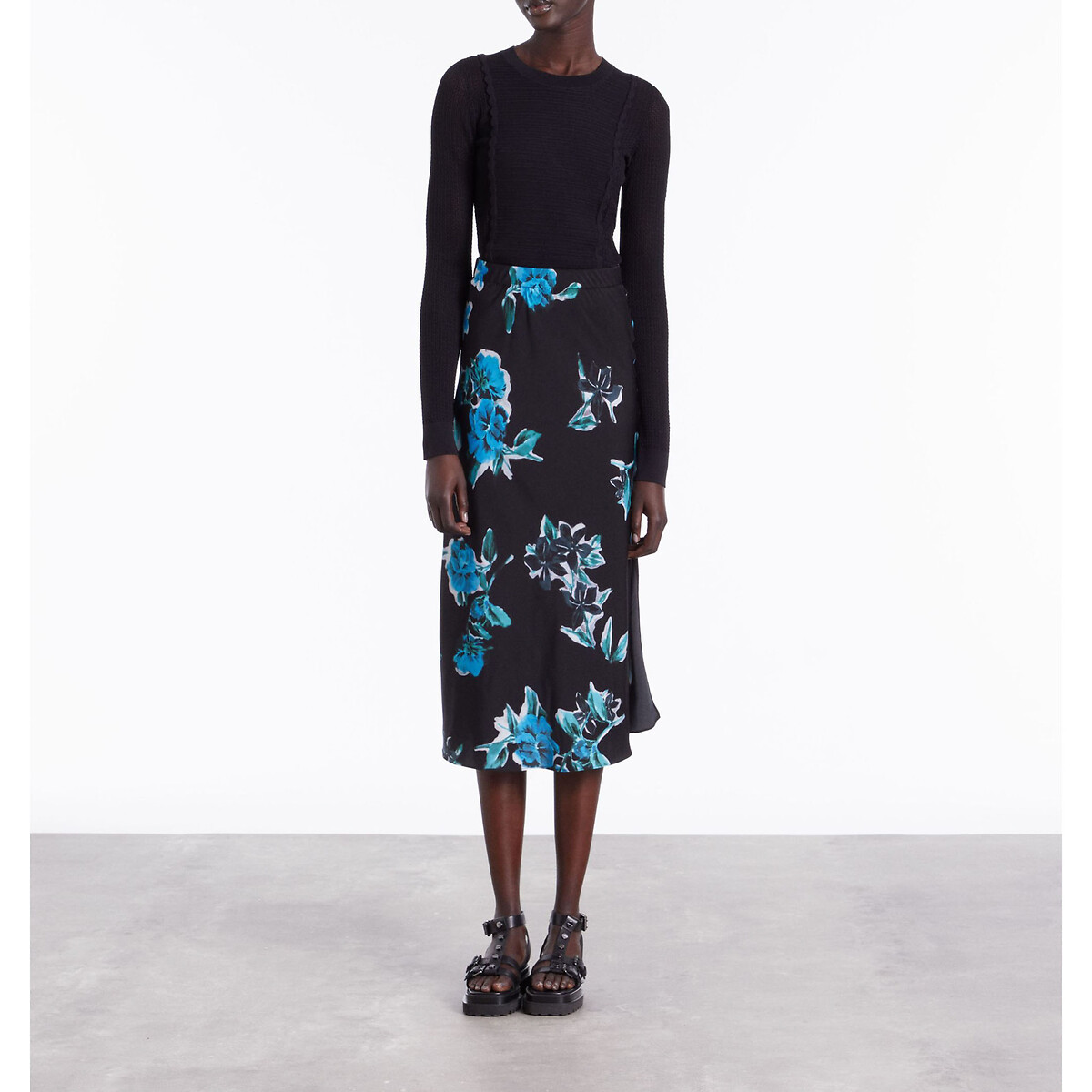 Floral Print Midi Skirt with Side Split