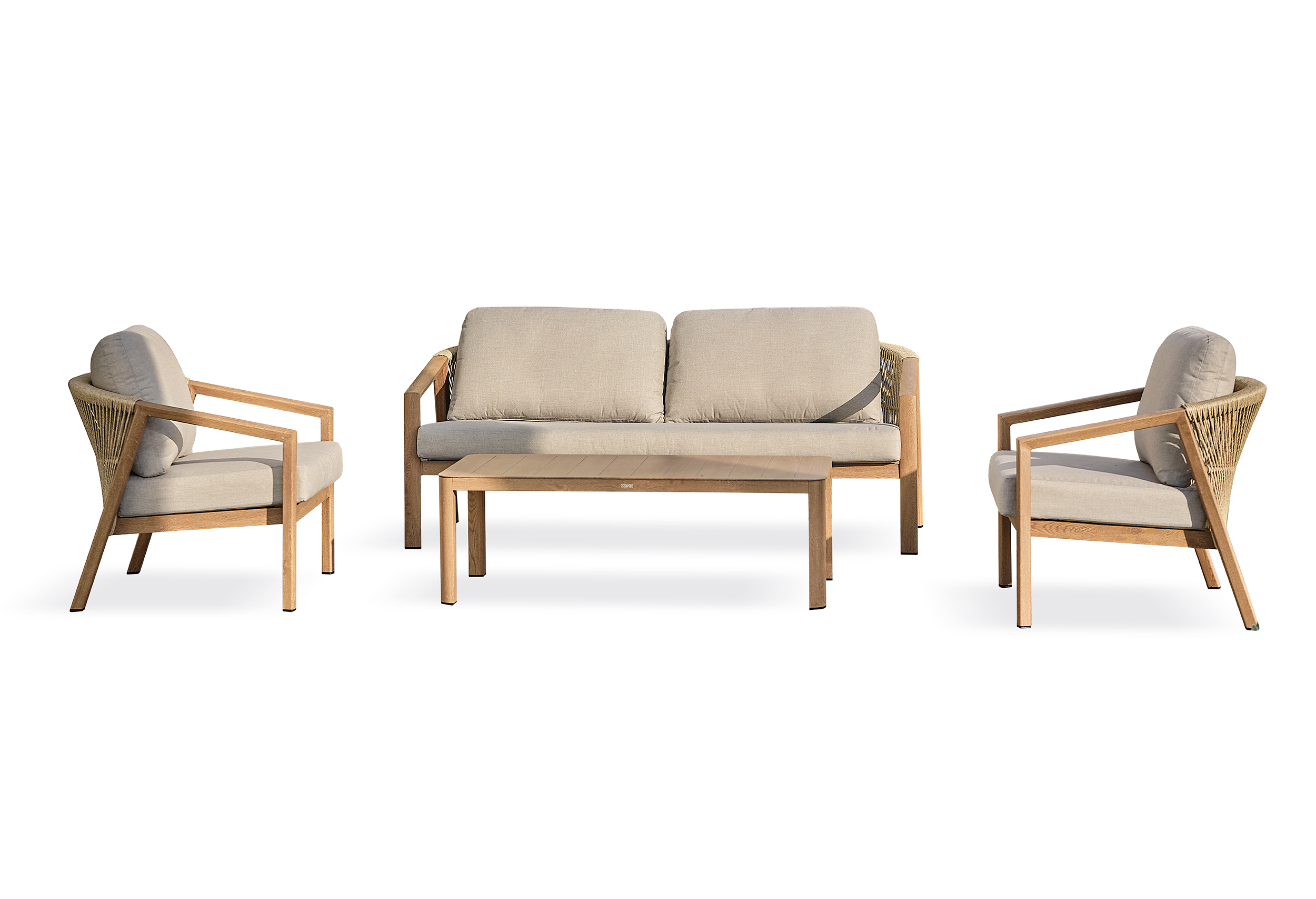 Salon de jardin bas en aluminium imitation bois, coussins GOYA, REMARQUABLE